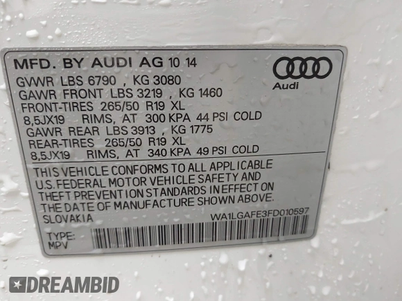 2015 Audi Q7 Premium Plus z VIN WA1LGAFE3FD010597, wystawiony jako IAAI lot #41010174 z przebiegiem 119 827 mil mil oraz . Historia ofert i sprzedaży dostępna na DreamBid. Obrazek 9.