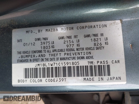 2012 Mazda 3 i Grand Touring with VIN JM1BL1W71C1591805, listed as a IAAI auction lot 42169797 with Not Provided miles and . Bid and sale history available at DreamBid. Image 9.