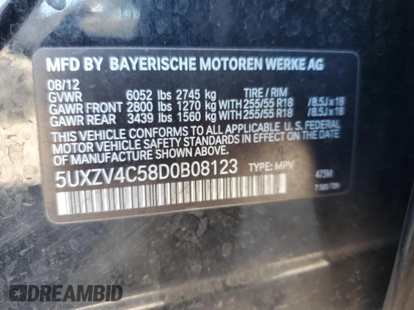 2013 BMW X5 xDrive35i with VIN 5UXZV4C58D0B08123, listed as a Copart auction lot 86653374 with 117,979 mi miles and Salvage Title. Bid and sale history available at carsss.com. Image 14.