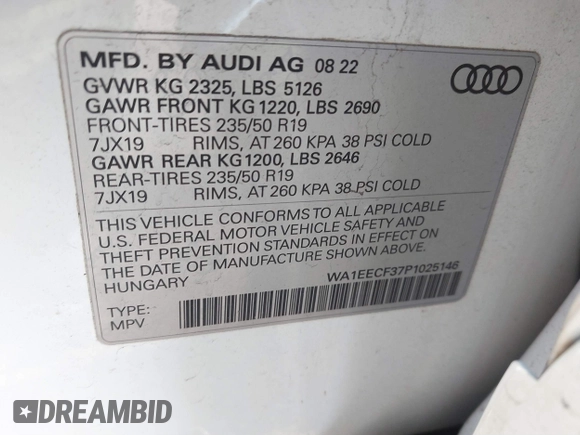2023 Audi Q3 S line Premium Plus with VIN WA1EECF37P1025146, listed as a IAAI auction lot 41520532 with 36,717 mi miles and . Bid and sale history available at DreamBid. Image 9.