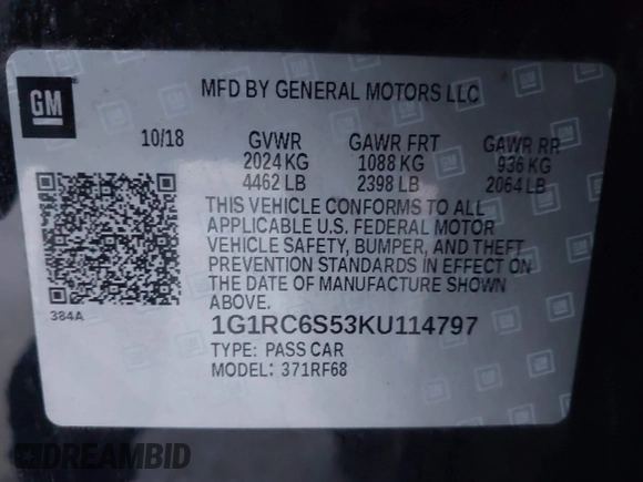 2019 Chevrolet Volt LT with VIN 1G1RC6S53KU114797, listed as a IAAI auction lot 41752652 with 146,840 mi miles. Bid and sale history available at carsss.com. Image 9.