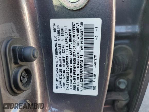 2015 Honda Civic EX with VIN 19XFB2F86FE008181, listed as a Copart auction lot 55207415 with 131,178 mi miles and Salvage Title. Bid and sale history available at DreamBid. Image 13.