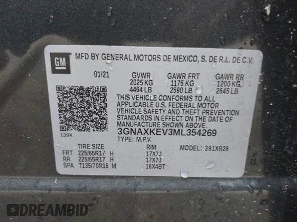 2021 Chevrolet Equinox LT with VIN 3GNAXKEV3ML354269, listed as a IAAI auction lot 42012814 with 30,781 mi miles and . Bid and sale history available at DreamBid. Image 9.