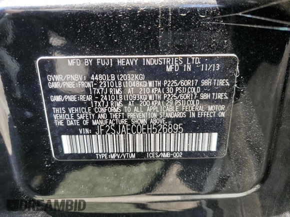 2014 Subaru Forester Premium with VIN JF2SJAEC0EH526895, listed as a Copart auction lot 58445005 with 131,186 mi miles and Salvage title. Bid and sale history available at DreamBid. Image 14.