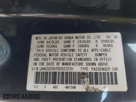 2009 Acura TSX with VIN JH4CU26629C023220, listed as a IAAI auction lot 42618203 with 193,118 mi miles and . Bid and sale history available at DreamBid. Image 9.