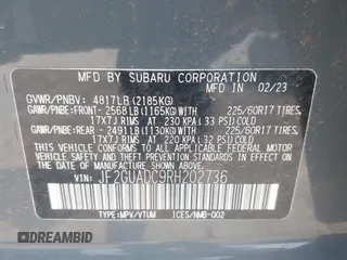 2024 Subaru Crosstrek Premium with VIN JF2GUADC9RH202736, listed as a IAAI auction lot 42735432 with 7,100 mi miles and . Bid and sale history available at DreamBid. Image 9.