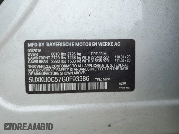 2016 BMW X6 sDrive35i with VIN 5UXKU0C57G0F93386, listed as a Copart auction lot 45123974 with Not Provided miles and . Bid and sale history available at DreamBid. Image 14.