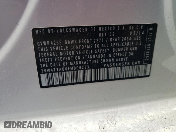 2015 Volkswagen GTI SE with VIN 3VW4T7AU6FM006293, listed as a Copart auction lot 54903534 with 109,330 mi miles and Salvage Title. Bid and sale history available at DreamBid. Image 13.