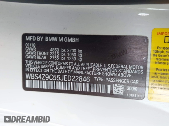 2018 BMW M4 with VIN WBS4Z9C55JED22846, listed as a IAAI auction lot 41688200 with 85,352 mi miles and . Bid and sale history available at DreamBid. Image 9.