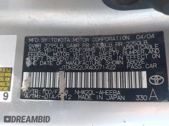 2004 Toyota Prius with VIN JTDKB22UX40071422, listed as a IAAI auction lot 42224668 with 168,422 mi miles and . Bid and sale history available at DreamBid. Image 9.