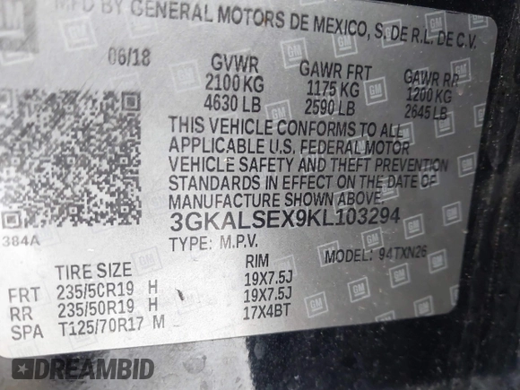 2019 GMC Terrain Denali with VIN 3GKALSEX9KL103294, listed as a IAAI auction lot 41222541 with 114,984 mi miles. Bid and sale history available at carsss.com. Image 9.
