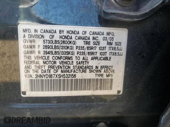 2005 Acura MDX Touring with VIN 2HNYD187X5H532156, listed as a Copart auction lot 72774474 with 254,054 mi miles and Salvage title. Bid and sale history available at DreamBid. Image 13.
