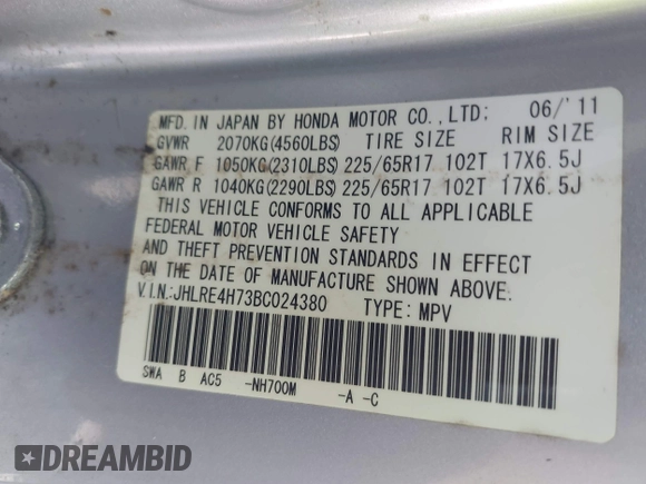 2011 Honda CR-V EX-L with VIN JHLRE4H73BC024380, listed as a IAAI auction lot 42067604 with 204,114 mi miles and . Bid and sale history available at carsss.com. Image 9.
