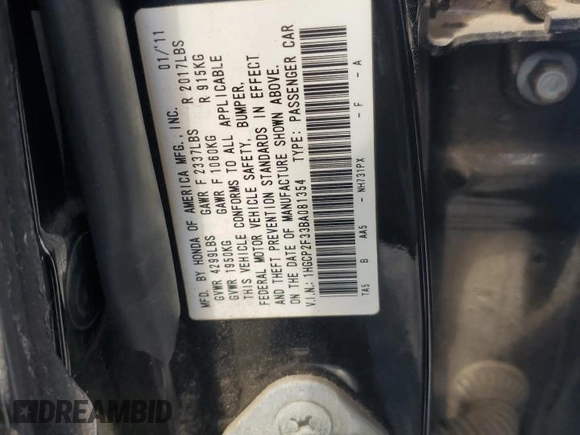 2011 Honda Accord LX with VIN 1HGCP2F33BA081354, listed as a Copart auction lot 60515505 with 198,365 mi miles and Salvage title. Bid and sale history available at DreamBid. Image 12.