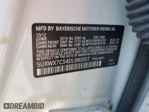 2013 BMW X3 xDrive35i with VIN 5UXWX7C54DL980857, listed as a Copart auction lot 52776115 with 88,363 mi miles and Salvage Title. Bid and sale history available at DreamBid. Image 13.