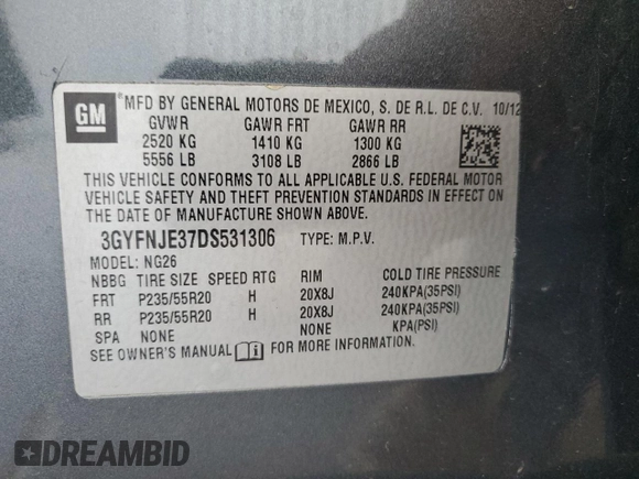 2013 Cadillac SRX Premium Collection with VIN 3GYFNJE37DS531306, listed as a Copart auction lot 52613645 with 20,594 mi miles and Salvage title. Bid and sale history available at DreamBid. Image 13.