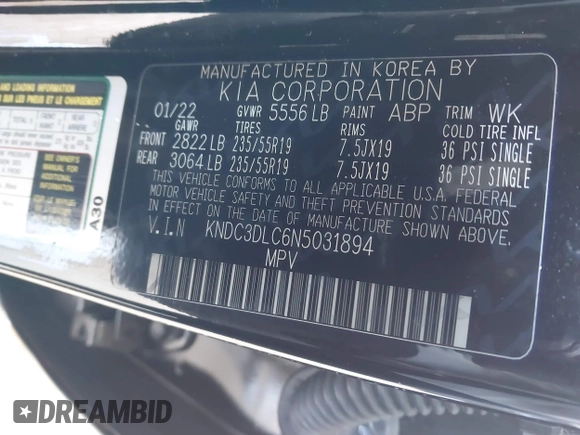 2022 Kia EV6 Wind with VIN KNDC3DLC6N5031894, listed as a IAAI auction lot 41993710 with 75,280 mi miles. Bid and sale history available at carsss.com. Image 9.