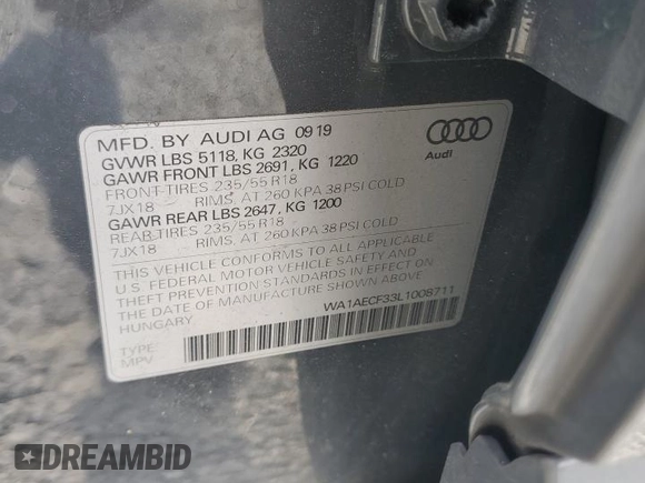 2020 Audi Q3 Premium z VIN WA1AECF33L1008711, wystawiony jako Copart lot #53907995 z przebiegiem 64 411 mil mil oraz Szkoda całkowita • Salvage title. Historia ofert i sprzedaży dostępna na DreamBid. Obrazek 13.