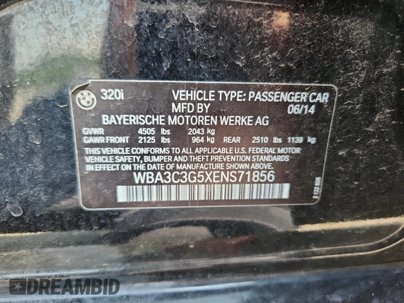 2014 BMW 3 Series 320i xDrive with VIN WBA3C3G5XENS71856, listed as a Copart auction lot 58265805 with 122,478 mi miles and Salvage title. Bid and sale history available at DreamBid. Image 13.