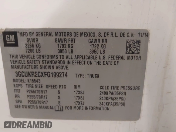 2015 Chevrolet Silverado 1500 LT with VIN 3GCUKRECXFG199274, listed as a IAAI auction lot 41843965 with 134,383 mi miles and . Bid and sale history available at DreamBid. Image 9.