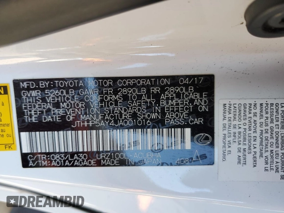 2018 Lexus LC 500h z VIN JTHHP5AY4JA001016, wystawiony jako Copart lot #85480424 z przebiegiem Nie podano mil oraz Szkoda całkowita • Salvage title. Historia ofert i sprzedaży dostępna na DreamBid. Obrazek 12.