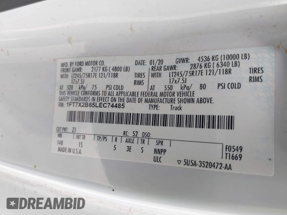 2020 Ford F-250 XL с VIN 1FT7X2B65LEC74485, выставлен на аукционе IAAI как лот 41593836 с пробегом 137 555 миль миль и . История ставок и продаж доступна на DreamBid. Изображение 9.
