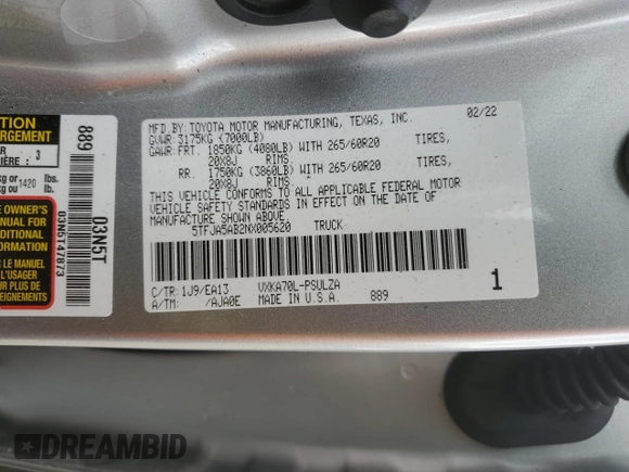2022 Toyota Tundra Limited with VIN 5TFJA5AB2NX005620, listed as a Copart auction lot 85455824 with 17,520 mi miles and Salvage title. Bid and sale history available at DreamBid. Image 12.