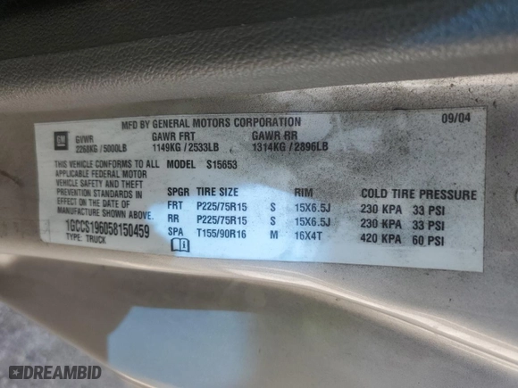 2005 Chevrolet Colorado LS Z85 with VIN 1GCCS196058150459, listed as a Copart auction lot 46690785 with 241,853 mi miles and Clean Title. Bid and sale history available at carsss.com. Image 12.