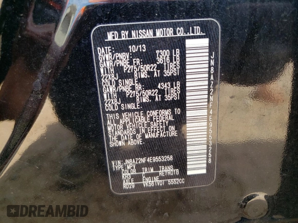 2014 Infiniti QX80 z VIN JN8AZ2NF4E9553258, wystawiony jako Copart lot #54238315 z przebiegiem 223 363 mil mil oraz Szkoda całkowita • Salvage title. Historia ofert i sprzedaży dostępna na DreamBid. Obrazek 14.