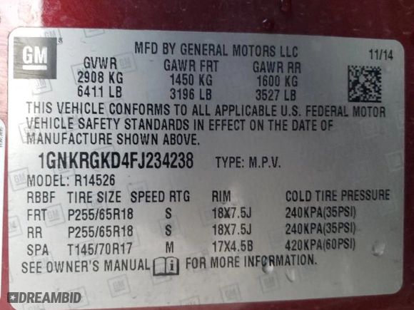 2015 Chevrolet Traverse LT with VIN 1GNKRGKD4FJ234238, listed as a Copart auction lot 84156094 with 133,503 mi miles and Salvage Title. Bid and sale history available at carsss.com. Image 12.