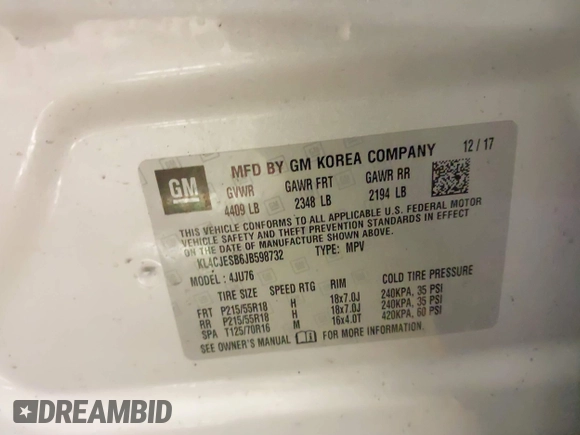 2018 Buick Encore Preferred with VIN KL4CJESB6JB598732, listed as a IAAI auction lot 41612877 with 71,590 mi miles. Bid and sale history available at carsss.com. Image 9.