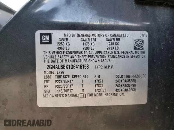 2013 Chevrolet Equinox LS z VIN 2GNALBEK1D6416158, wystawiony jako Copart lot #57126925 z przebiegiem 113 474 mil mil oraz Szkoda całkowita • Salvage title. Historia ofert i sprzedaży dostępna na DreamBid. Obrazek 12.