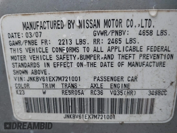2007 Infiniti G35 Journey with VIN JNKBV61EX7M721001, listed as a IAAI auction lot 41819327 with Not Provided miles and . Bid and sale history available at DreamBid. Image 9.