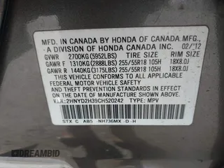 2012 Acura MDX Tech Pkg with VIN 2HNYD2H39CH520242, listed as a IAAI auction lot 42065248 with 268,848 mi miles. Bid and sale history available at carsss.com. Image 9.