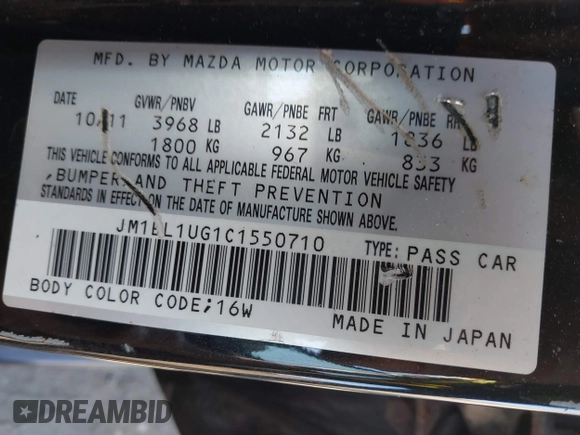 2012 Mazda 3 i Sport with VIN JM1BL1UG1C1550710, listed as a IAAI auction lot 42789927 with 85,202 mi miles and . Bid and sale history available at DreamBid. Image 9.