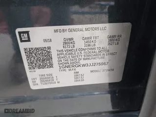 2018 Chevrolet Traverse LT Cloth with VIN 1GNERGKW3JJ275967, listed as a IAAI auction lot 41307855 with 136,207 mi miles. Bid and sale history available at carsss.com. Image 9.