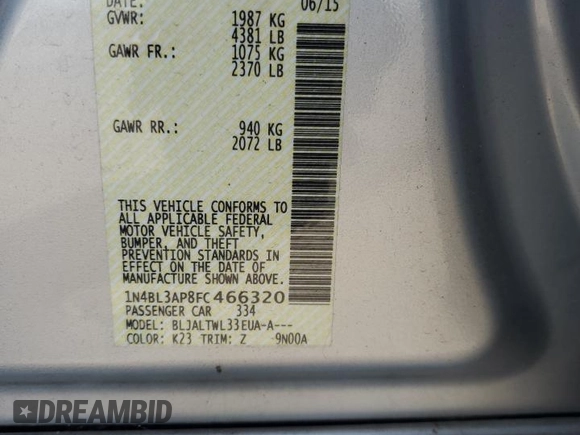 2015 Nissan Altima SL with VIN 1N4BL3AP8FC466320, listed as a Copart auction lot 61058295 with 96,299 mi miles and Salvage title. Bid and sale history available at DreamBid. Image 13.