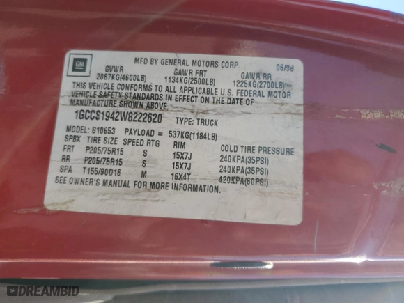 1998 Chevrolet S-10 LS with VIN 1GCCS1942W8222620, listed as a Copart auction lot 74530834 with 274,892 mi miles and Salvage Title. Bid and sale history available at carsss.com. Image 15.