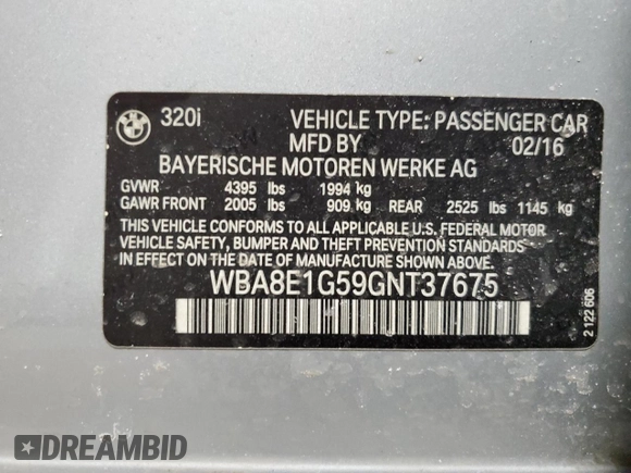 2016 BMW 3 Series 320i with VIN WBA8E1G59GNT37675, listed as a Copart auction lot 46751825 with 63,110 mi miles and Salvage Title. Bid and sale history available at DreamBid. Image 12.