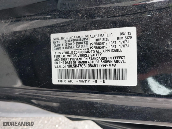 2012 Honda Odyssey EX with VIN 5FNRL5H47CB105451, listed as a IAAI auction lot 41872967 with 295,947 mi miles. Bid and sale history available at carsss.com. Image 9.
