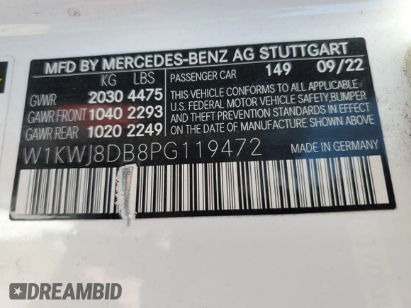 2023 Mercedes-Benz C 300 with VIN W1KWJ8DB8PG119472, listed as a Copart auction lot 69999694 with 14,954 mi miles and Salvage Title. Bid and sale history available at DreamBid. Image 12.
