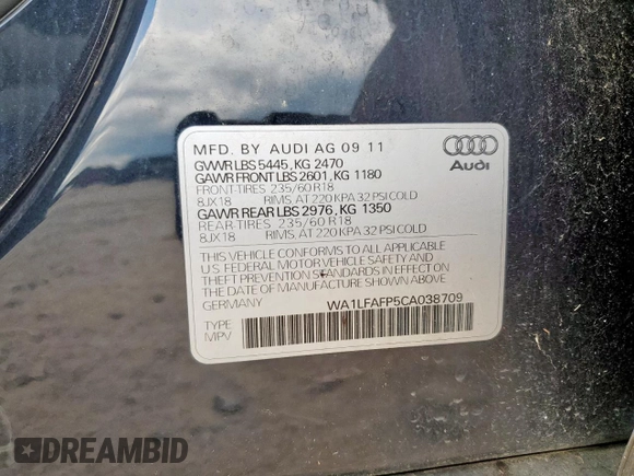 2012 Audi Q5 Premium Plus with VIN WA1LFAFP5CA038709, listed as a Copart auction lot 62660795 with 120,798 mi miles and Clean title. Bid and sale history available at DreamBid. Image 13.