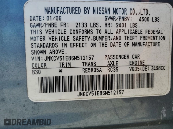 2006 Infiniti G35 with VIN JNKCV51E86M512157, listed as a Copart auction lot 70237094 with 162,704 mi miles and Salvage Title. Bid and sale history available at DreamBid. Image 12.
