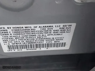 2008 Honda Pilot EX-L with VIN 5FNYF18798B051227, listed as a IAAI auction lot 41593993 with 190,783 mi miles. Bid and sale history available at carsss.com. Image 9.