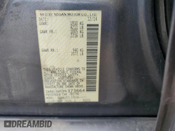 2015 Nissan Altima 2.5 with VIN 1N4AL3AP2FN373664, listed as a Copart auction lot 63395105 with 175,795 mi miles and Salvage title. Bid and sale history available at DreamBid. Image 12.