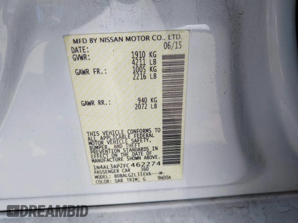 2015 Nissan Altima S with VIN 1N4AL3AP2FC462274, listed as a IAAI auction lot 41980161 with 93,388 mi miles and . Bid and sale history available at DreamBid. Image 9.