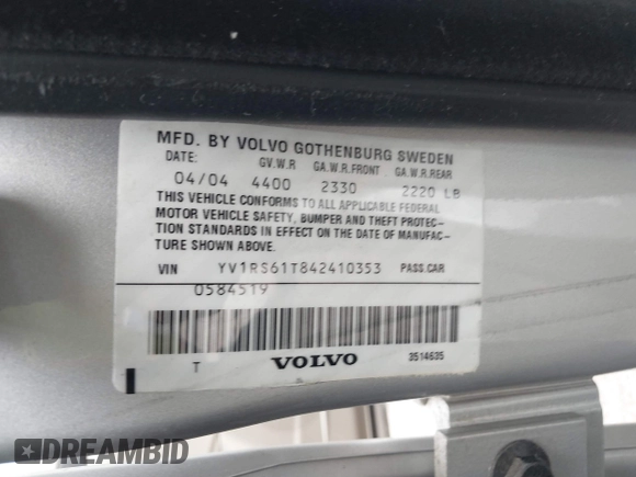 2004 Volvo S60 с VIN YV1RS61T842410353, выставлен на аукционе IAAI как лот 41880811 с пробегом 94 697 миль миль и . История ставок и продаж доступна на DreamBid. Изображение 9.