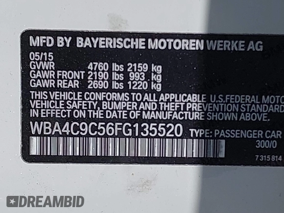 2015 BMW 4 Series 428i xDrive with VIN WBA4C9C56FG135520, listed as a IAAI auction lot 41574336 with 70,870 mi miles and . Bid and sale history available at carsss.com. Image 9.