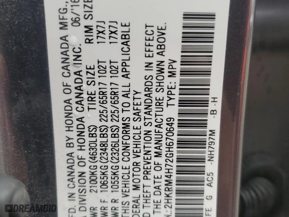 2016 Honda CR-V EX-L with VIN 2HKRM4H72GH670649, listed as a Copart auction lot 52100545 with 368,756 mi miles and Clean Title. Bid and sale history available at carsss.com. Image 13.