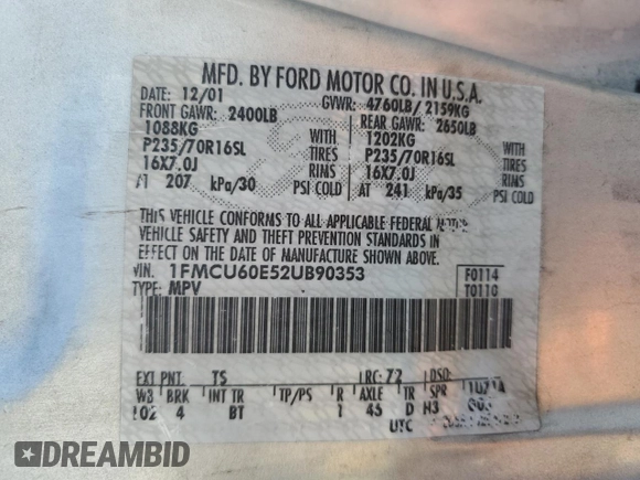 2002 Ford Explorer with VIN 1FMCU60E52UB90353, listed as a Copart auction lot 75659554 with 212,592 mi miles and Salvage title. Bid and sale history available at DreamBid. Image 12.